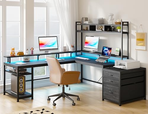 Large L Shaped Gaming Desk with Hutch and Drawers, 64" Reversible Computer Desk with Storage Shelves, Monitor Stand and LED Light for Home Office, Power Outlets, White V6783