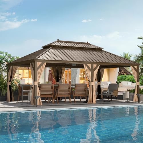 12x16 ft Hardtop Gazebo with Double Roof, Curtains and Netting T94173