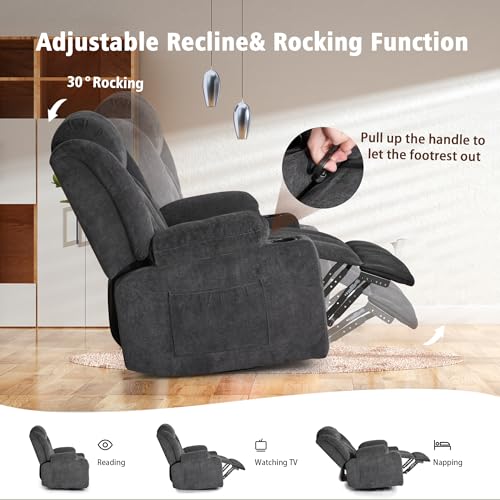 Swivel Recliner Chair with Massage and Heat, Fabric Upholstery, Lime Gray Y550941