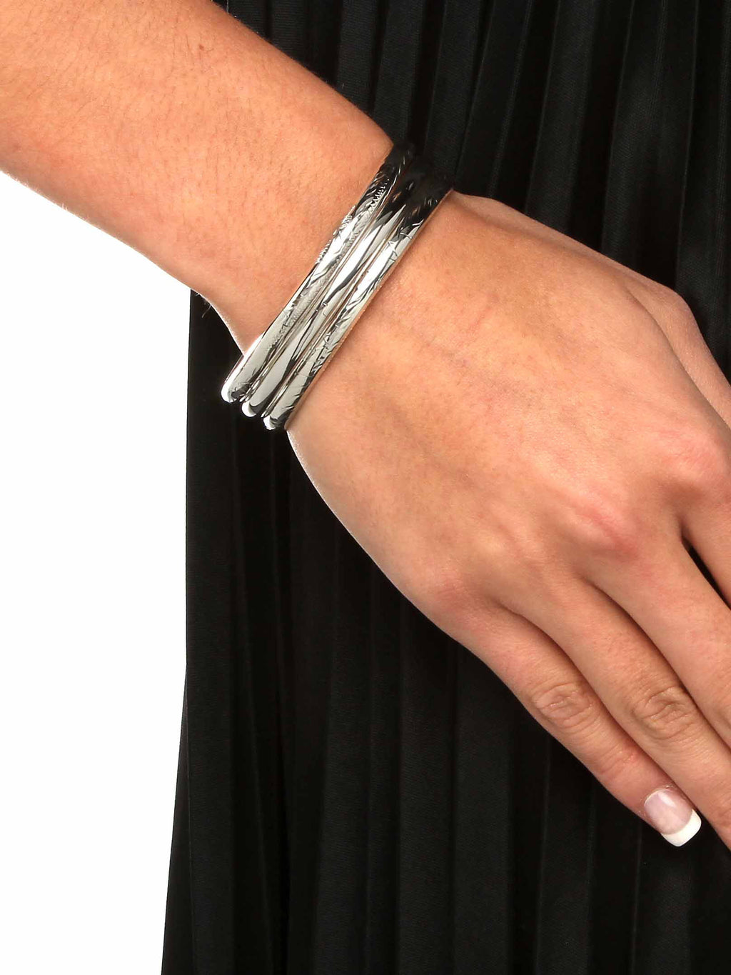 Polished Floral Three-Piece Bangle Set in Yellow Gold-Plated or Sterling Silver I9599
