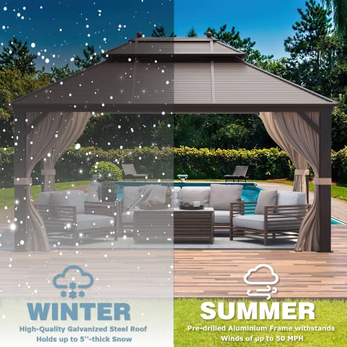 12x16 ft Hardtop Gazebo with Double Roof, Curtains and Netting T94173