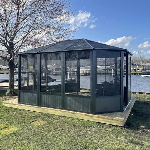 10 x 10 ft Hardtop Gazebo with Netting and Curtains, Galvanized Steel Roof for Patio K80436