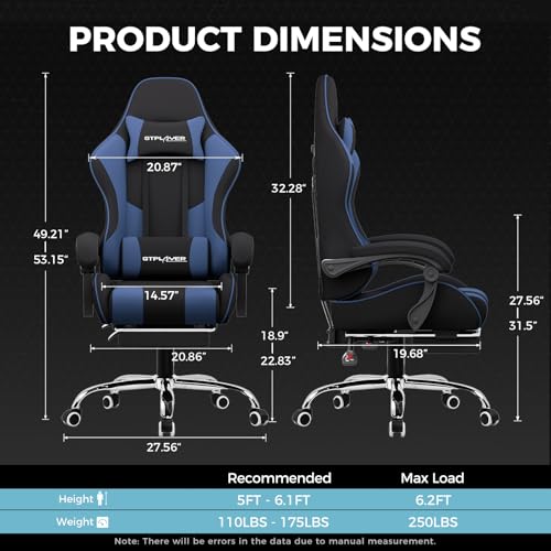 Gaming Chair with Footrest and Lumbar Support, Height Adjustable, Blue Y9034