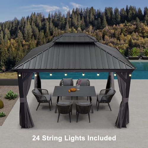 10' x 14' Permanent Hardtop Gazebo with Galvanized Steel Double Roof, Curtains and Netting Included M871