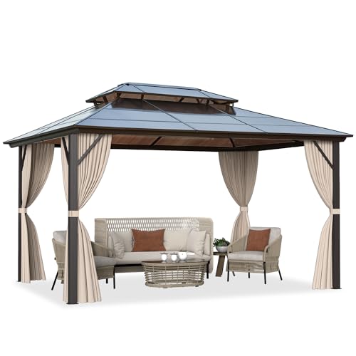 10x13 Hardtop Gazebo with Polycarbonate Double Roof, Aluminum Frame, Curtains and Netting S2701