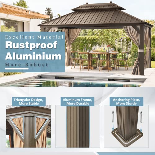 10x13 Hardtop Gazebo with Polycarbonate Double Roof, Aluminum Frame, Curtains and Netting S2701