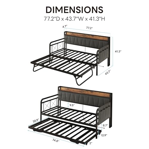 Daybed with Trundle Bed, Twin Bed Frame with Storage Headboard and Charging Station, Grey S3738