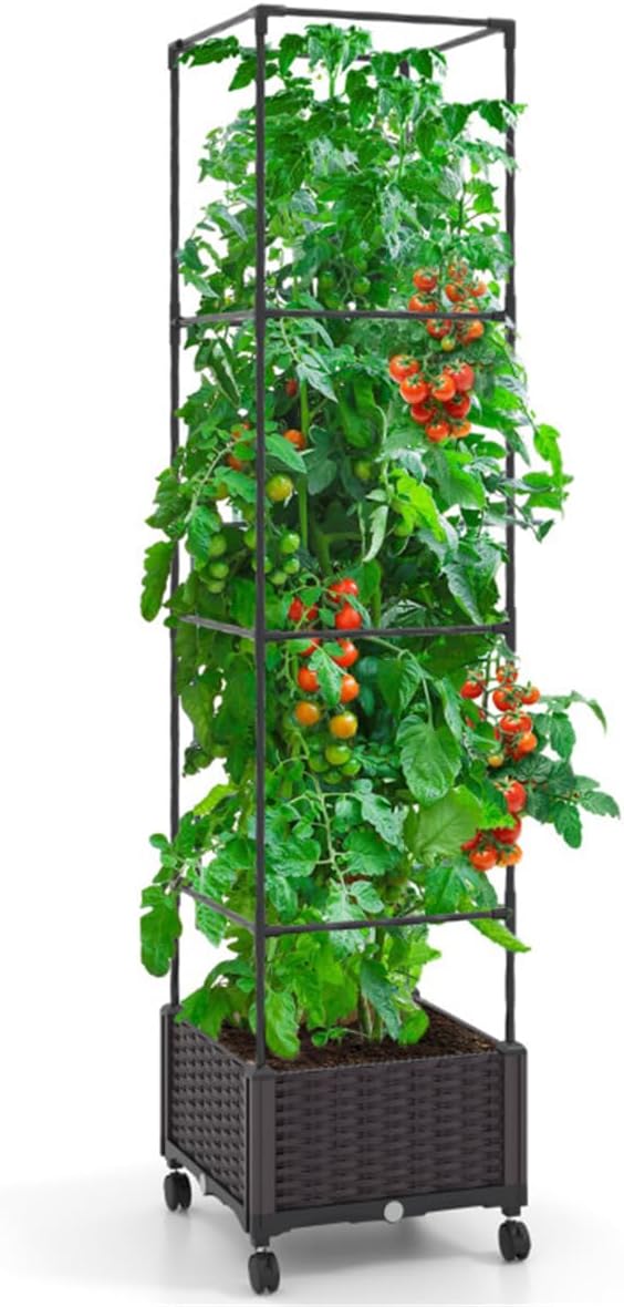 Raised Garden Bed Planter Box with Trellis for Climbing Plants Outdoor Y834