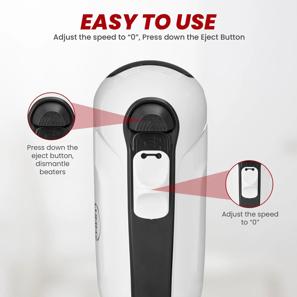 Hand Mixer 250W with 5 Speeds and Eject Button, 2 Beaters, 2 Dough Hooks, Storage Case L763206