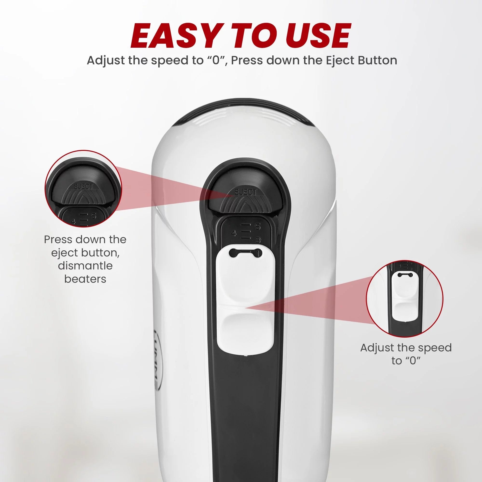 Hand Mixer 250W with 5 Speeds and Eject Button, 2 Beaters, 2 Dough Hooks, Storage Case L763206