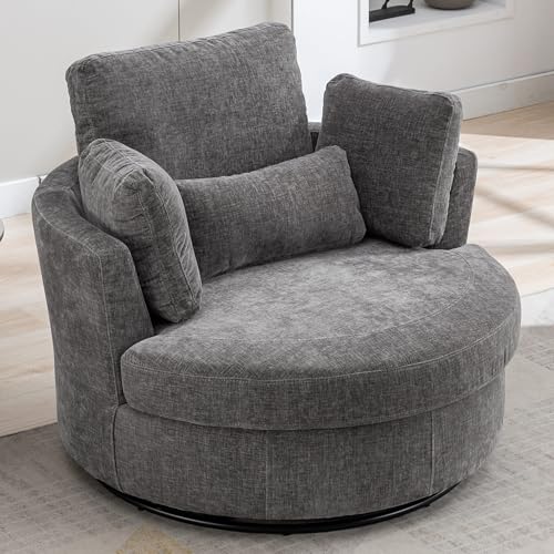 Oversized Swivel Barrel Chair with Ottoman, Chenille, Beige M813