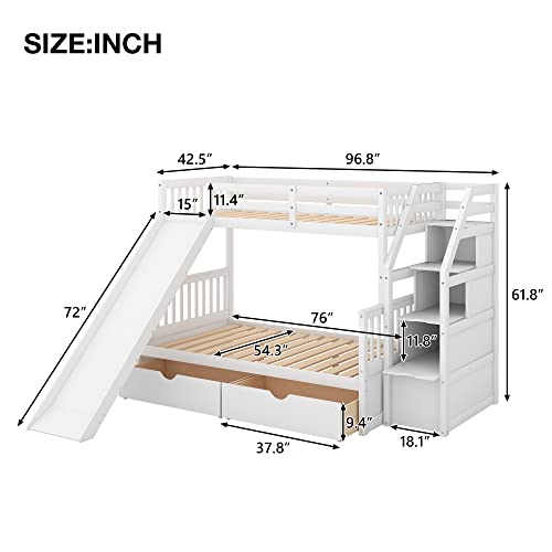 Twin Over Full Bunk Bed with Slide and Stairs for Kids I642