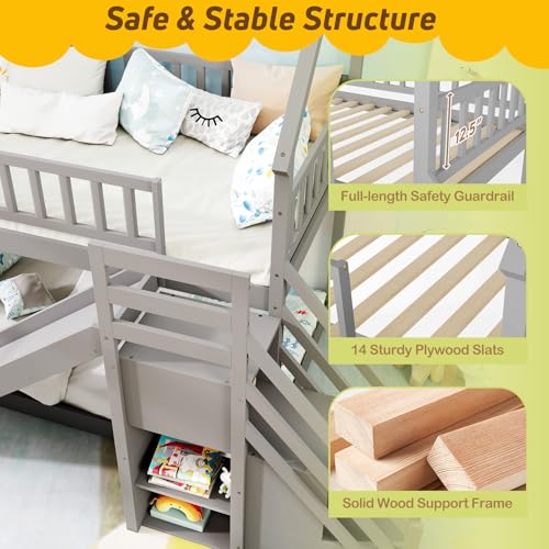 Twin Over Twin Bunk Bed with Slide & Stairs, Wood, White M692
