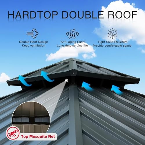 10 x 10 ft Hardtop Gazebo with Netting and Curtains, Galvanized Steel Roof for Patio K80436