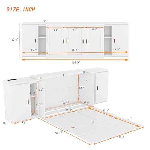 Murphy Bed Chest with Shelves and USB Ports, Foldable Wood Frame Y56482