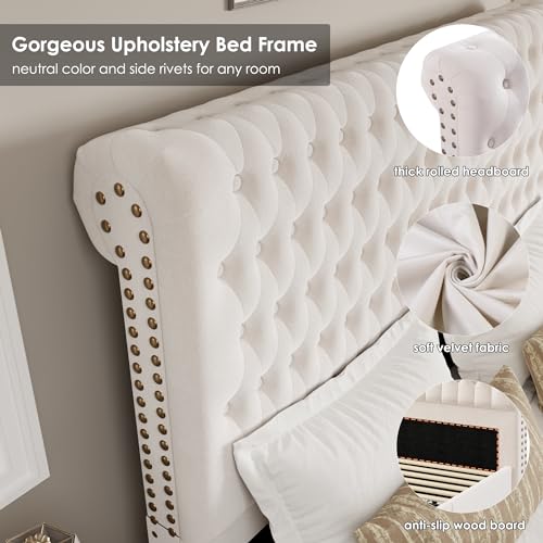 Velvet Upholstered King Bed Frame with Tall Headboard and Storage Drawers V8658