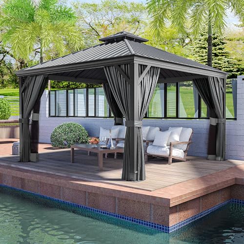 10 x 12 ft Hardtop Gazebo with Netting and Curtains for Patio, Deck, Backyard X60892