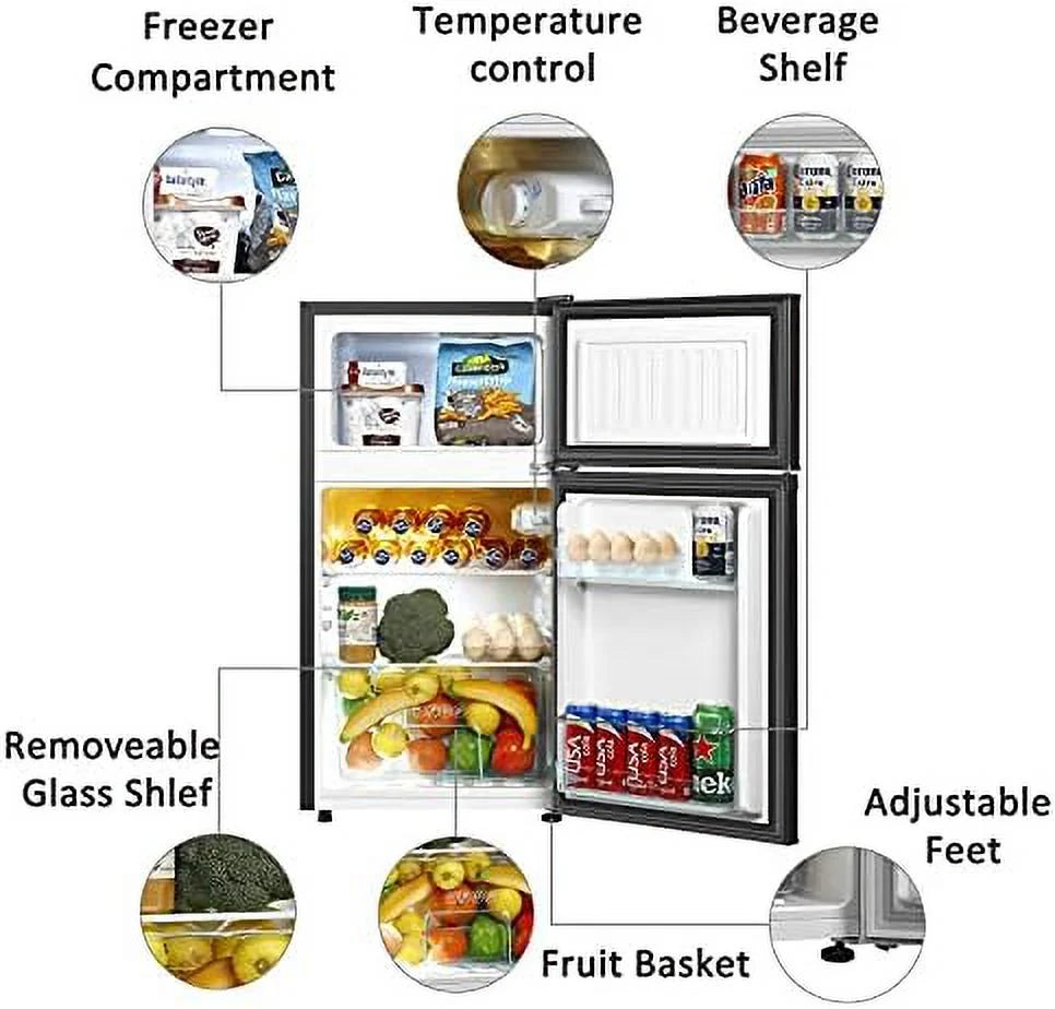 Mini Fridge with Freezer, 2 Door Compact Refrigerator, Low Noise for Bedroom, Dorm, Office Y65876