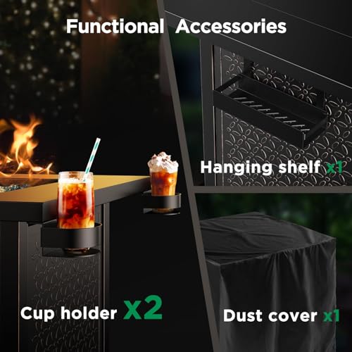 28" Propane Fire Pit Table with Cup Holders, 50,000 BTU, Glass Stones & Cover Y41070