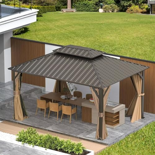 10 x 10 ft Hardtop Gazebo with Netting and Curtains, Galvanized Steel Roof for Patio K80436