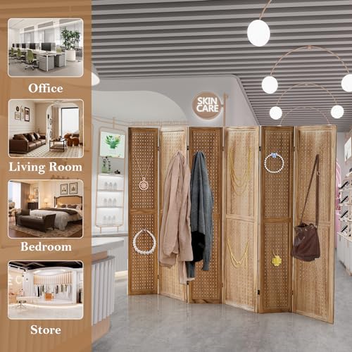 Wooden Pegboard Room Divider with Folding Privacy Screen, 5.6Ft, Light Brown D937870