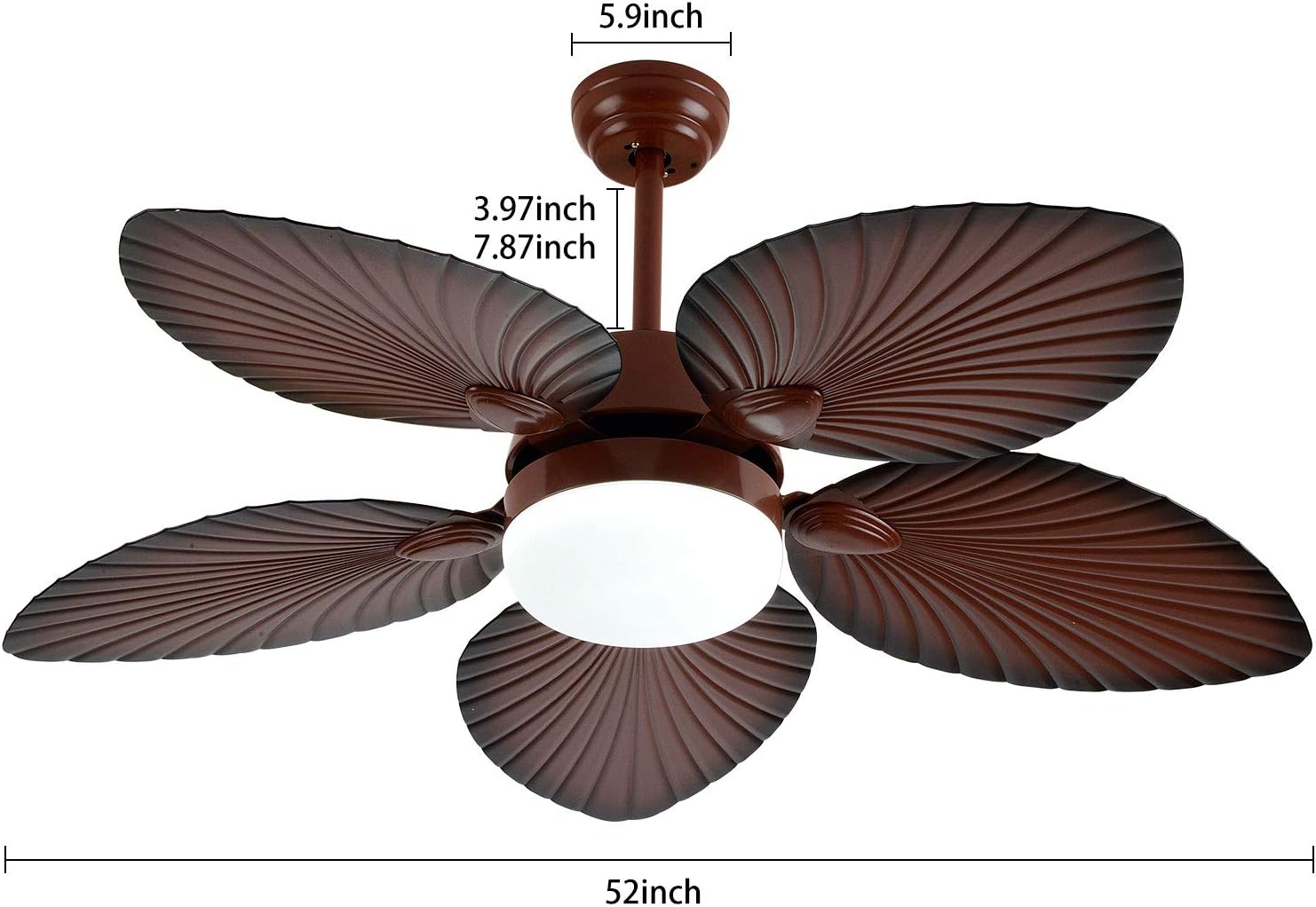 Tropical Ceiling Fan with LED Light, 52 Inch Palm Leaf Blades, Remote Control F295