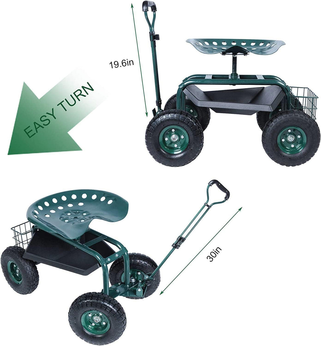 Rolling Garden Stool Cart with Tool Tray and Storage Basket N712