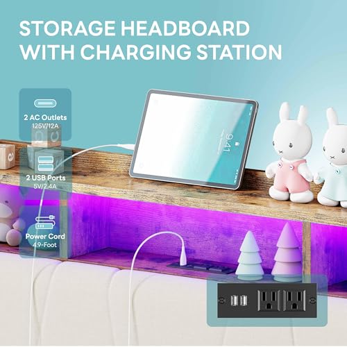 Twin Bed Frame with 2 Storage Drawers, Charging Station and LED Lights, Upholstered Platform Bed with Storage Headboard, No Box Spring Needed M8748