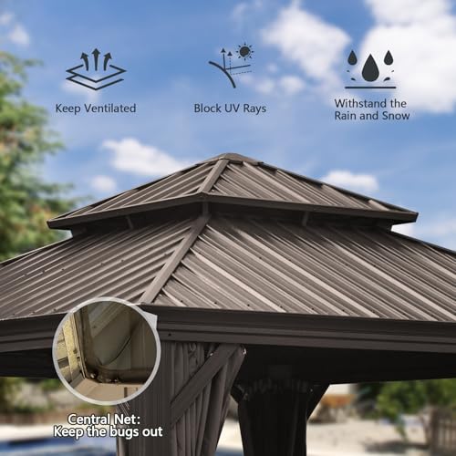 10 x 10 ft Hardtop Gazebo with Netting and Curtains, Galvanized Steel Roof for Patio K80436