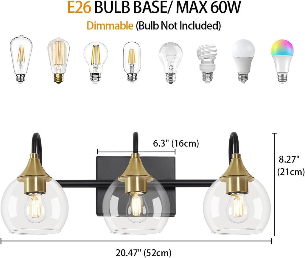 Black Gold Bathroom Vanity Light, 3-Light Globe Wall Sconce Q907095