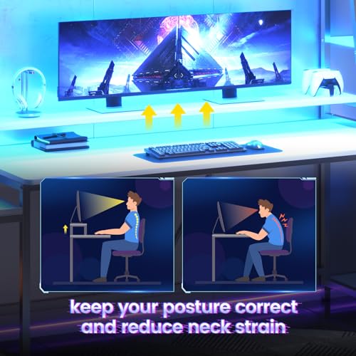 Gaming Desk with LED Lights, Hutch and Storage Shelves, Black O742