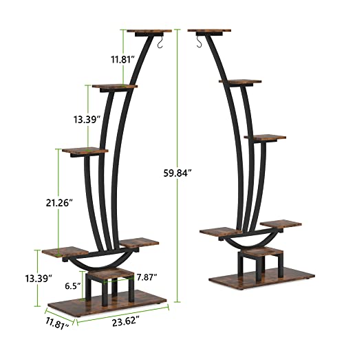 6-Tier Tall Plant Stand, Metal Curved Display Shelf with Hanging Hooks V22276