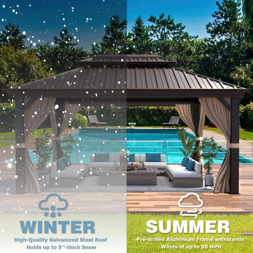 12x16 ft Hardtop Gazebo with Double Roof, Curtains and Netting T94173