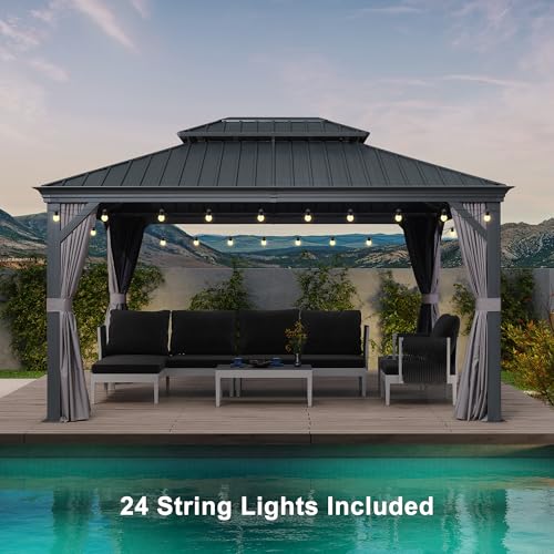 10' x 14' Permanent Hardtop Gazebo with Galvanized Steel Double Roof, Curtains and Netting Included M871