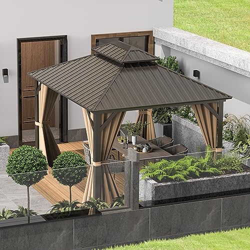 10 x 10 ft Hardtop Gazebo with Netting and Curtains, Galvanized Steel Roof for Patio K80436