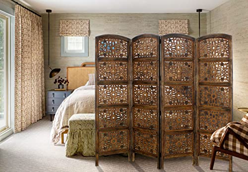 4 Panel Folding Wood Room Divider, Antique Brown, 72 x 80 P209