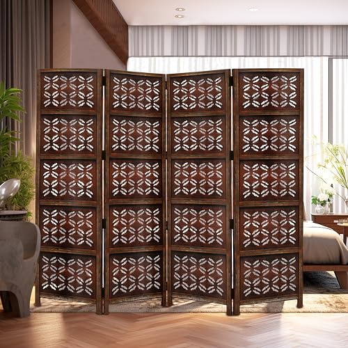 4 Panel Folding Wood Room Divider, Antique Brown, 72 x 80 P209