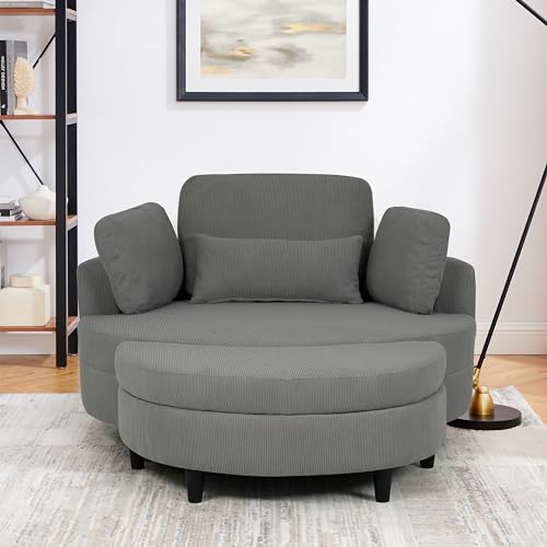 Corduroy Barrel Chair with Adjustable Headrest and Ottoman E413