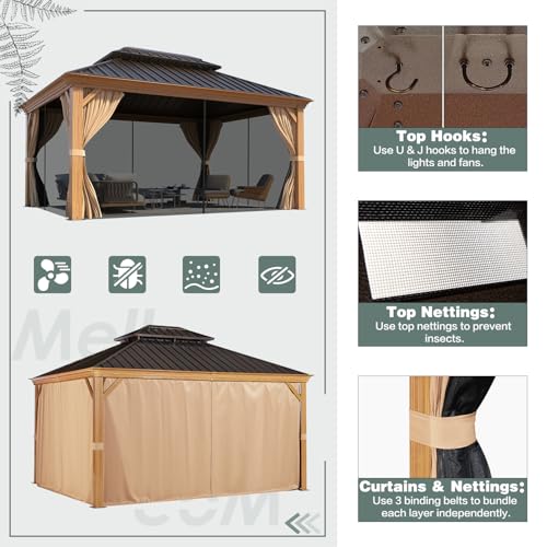 12x16 ft Hardtop Gazebo with Double Roof, Curtains and Netting T94173