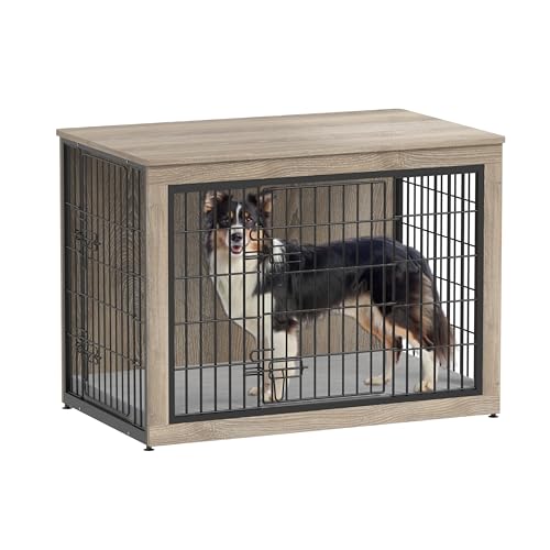 Dog Crate Furniture with Cushion, Heavy-Duty Metal Mesh, Wooden End Table with Double Doors, Indoor Kennel for Small Breed, Grey M3321