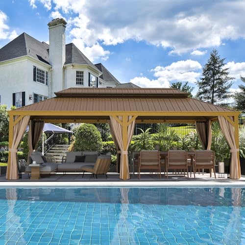 12x16 ft Hardtop Gazebo with Double Roof, Curtains and Netting T94173