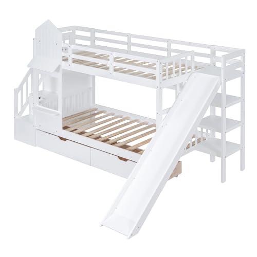 Twin Over Twin Bunk Bed with Stairs and Slide, Solid Wood Frame with Storage B8483