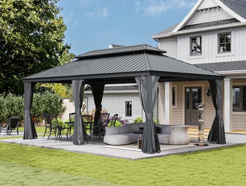 10 x 10 ft Hardtop Gazebo with Netting and Curtains, Galvanized Steel Roof for Patio K80436