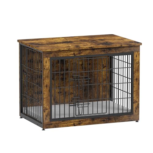 Dog Crate Furniture with Cushion, Heavy-Duty Metal Mesh, Wooden End Table with Double Doors, Indoor Kennel for Small Breed, Grey M3321