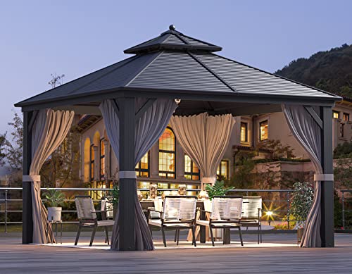 12x16 ft Hardtop Gazebo with Double Roof, Curtains and Netting T94173