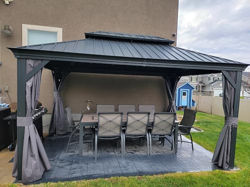 10' x 14' Permanent Hardtop Gazebo with Galvanized Steel Double Roof, Curtains and Netting Included M871