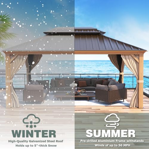 12x16 ft Hardtop Gazebo with Double Roof, Curtains and Netting T94173