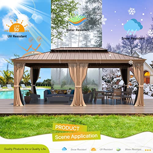 12x16 ft Hardtop Gazebo with Double Roof, Curtains and Netting T94173