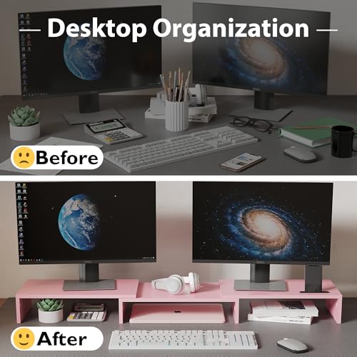 Dual Monitor Stand Riser with Smartphone Holder, Adjustable Wooden Desk Organizer B984