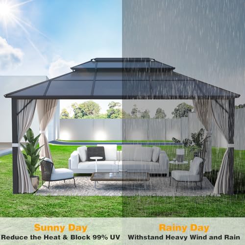 10x13 Hardtop Gazebo with Polycarbonate Double Roof, Aluminum Frame, Curtains and Netting S2701